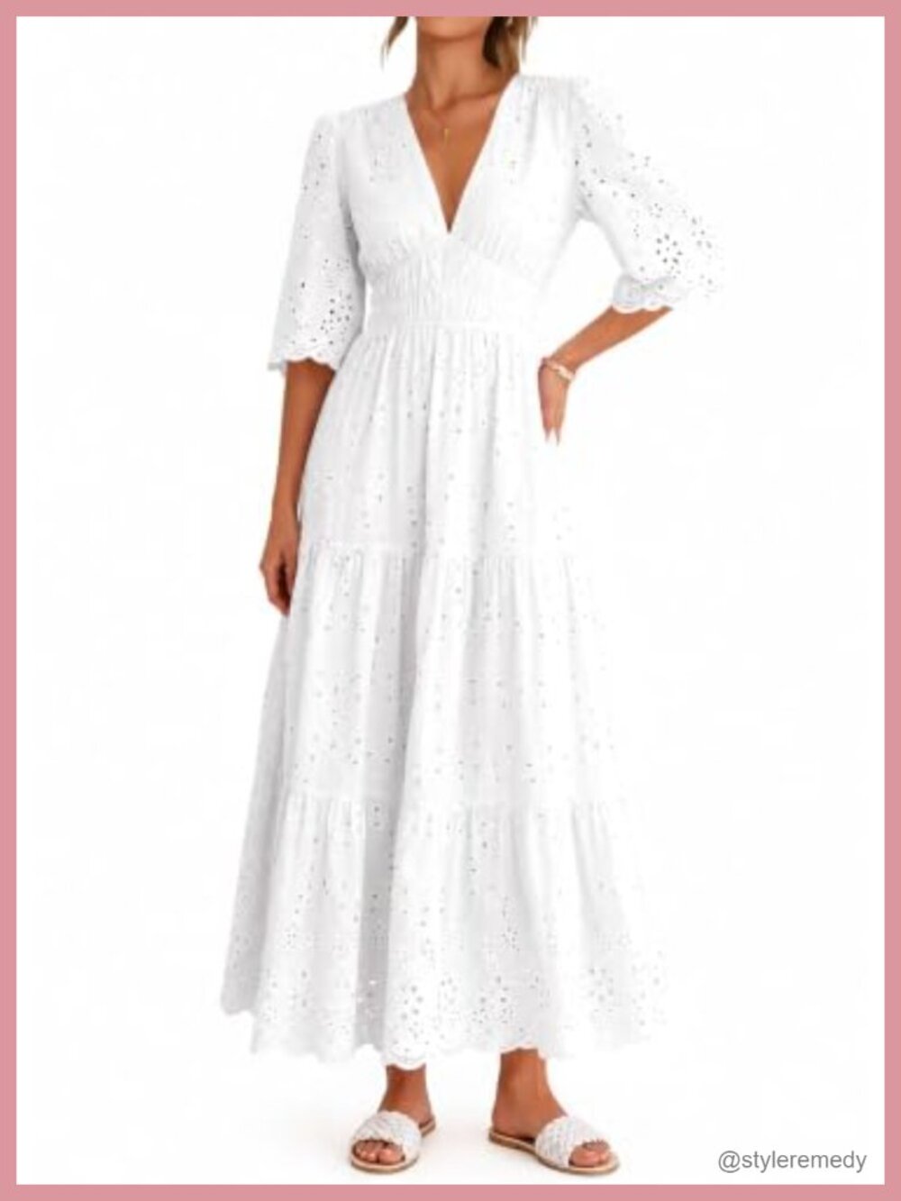 Women's 100% Cotton Eyelet Maxi Dress V-Neck 3/4 Sleeve A-Line with Pockets